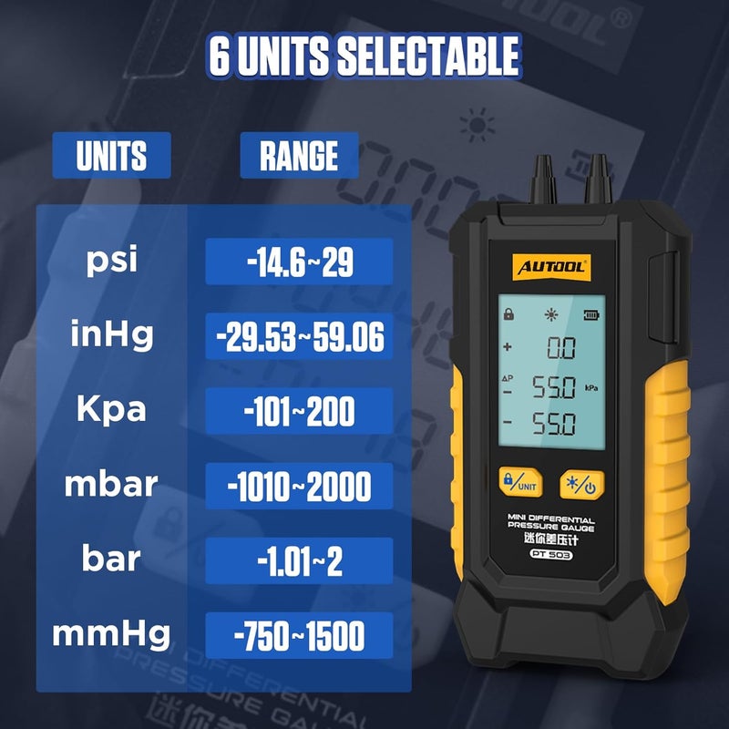 Autool Manometer Gas Pressure Tester, Digital Manometer HVAC, 6 Units Differential Dual Port Pressure Gauge -101 to 200Kpa, Data Zeroing with Backlight LCD Display - Image 4